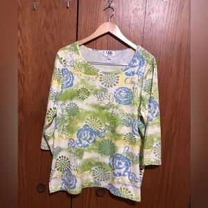 C&K Designs Size 1X California Floral Print Women's Top - Green and Blue